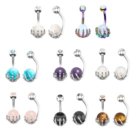 Belly button ring - piercing - skeleton hand holding opal ball - surgical steel