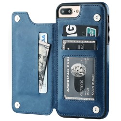 Retro kaarthouder - telefoonhoesje - leren flipcover - mini portemonnee - voor iPhone - blauwBescherming