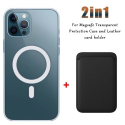 Magsafe kabelloses Laden – transparente Magnethülle – magnetischer Kartenhalter aus Leder – für iPhone – schwarz