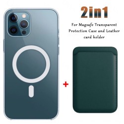 Magsafe kabelloses Laden – transparente Magnethülle – magnetischer Kartenhalter aus Leder – für iPhone – dunkelgrün