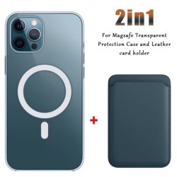 Magsafe kabelloses Laden – transparente Magnethülle – magnetischer Kartenhalter aus Leder – für iPhone – dunkelblau