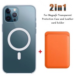 Magsafe draadloos opladen - transparant magnetisch hoesje - magnetische leren kaarthouder - voor iPhone - oranjeBescherming