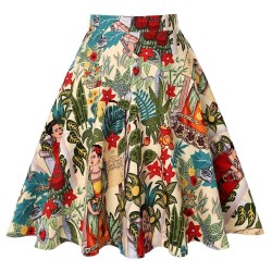 Trendy knielange rok - vintage A-lijn - hoge taille - katoen - kleurrijke printJurken