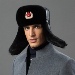 Bombermütze für Herren - schwarze russische Uschanka - mit Ohrenklappen - Fell / Leder