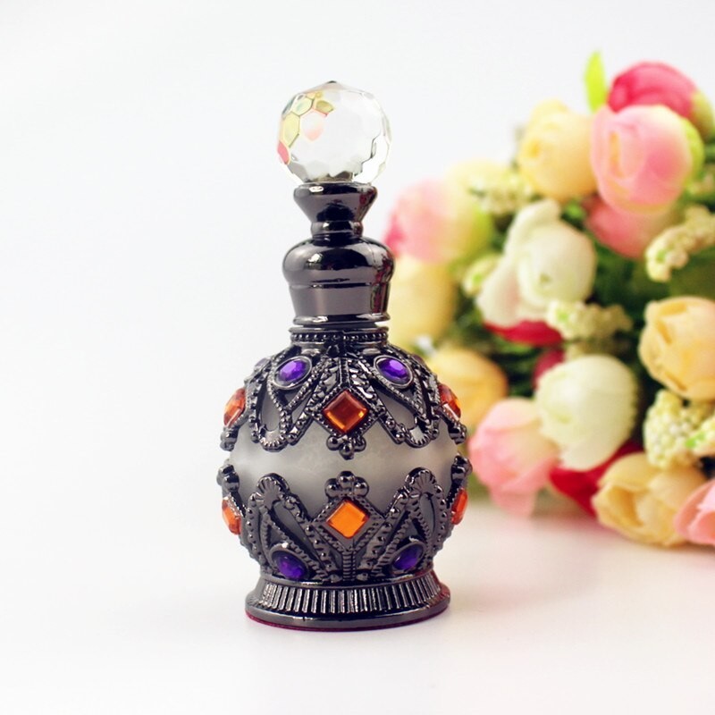 Vintage metal perfume bottle - with glass dropper - crystals - 15 mlPerfume