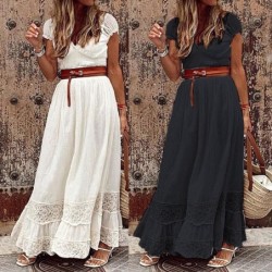 Elegant maxi dress - hollow out embroidery lace - short sleeveDresses