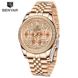 BENYAR - elegant quartz horloge - chronograaf - waterdicht - edelstaal - goudHorloges