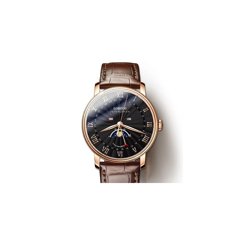 LOBINNI - luxe quartz horloge - maanstand - waterdicht - lederen band - zwart/bruinHorloges
