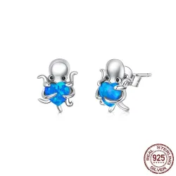 Zilveren octopus / blauw kristallen hart - oorbellen - 925 sterling zilverOorbellen