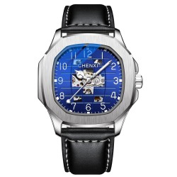 CHENXI - automatisch mechanisch quartz horloge - waterdicht - skeleton design - zilver/blauwHorloges