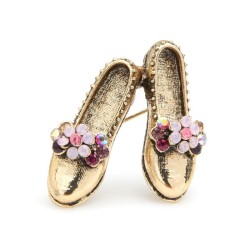 Retro-Brosche - goldene Schuhe / Strassblumen