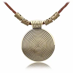 Vintage ketting - ronde metalen hanger - leren touwHalskettingen