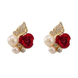 Elegante Ohrstecker - rote Rose / Perlen / Schmetterling - Kristalle