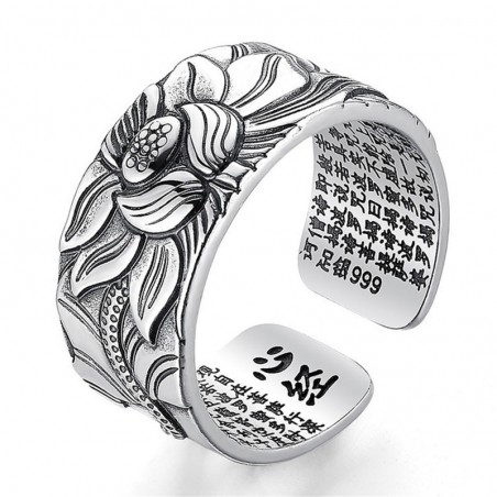 Buddhist heart sutra ring - lotus - silver - resizable - unisexRings