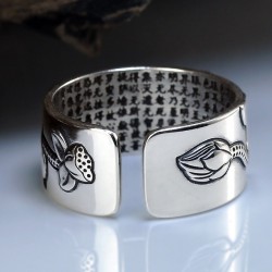 Buddhist heart sutra ring - lotus - silver - resizable - unisexRings