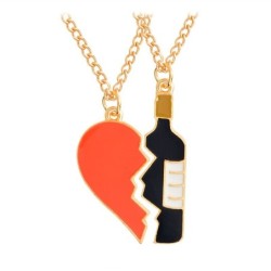 Gebrochenes rotes Herz / Weinflaschenspleiß - goldene Halskette - 2 Stück
