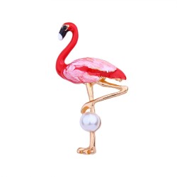 Roter Flamingo mit Perle - Brosche