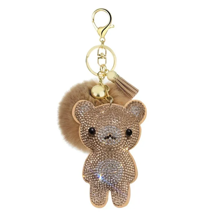 Kristallen teddybeer met pom pom van bont - sleutelhangerSleutelhangers