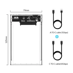 ORICO - 2.5inch - transparante HDD behuizing - met kabel - type C Gen 2 - USB3.1HDD behuizing