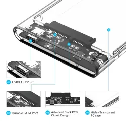ORICO - 2.5inch - transparante HDD behuizing - met kabel - type C Gen 2 - USB3.1HDD behuizing