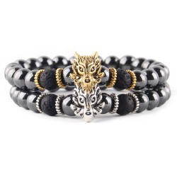 Natuursteen - zwarte kralen - armband - metaal wolf / uil / boeddhaArmbanden
