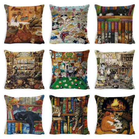 Sierkussenhoes - luie kattenfeestje / boeken - 45cm * 45cmKussenslopen
