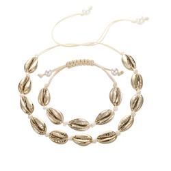 Geflochtenes Seilarmband / Halskette – mit Muscheln aus Metall – verstellbar – 2-teiliges Set