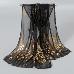 Elegant long chiffon scarf - peacock / feathers printedScarves