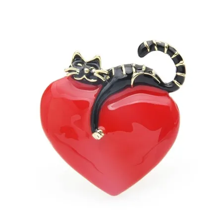 Rood hart met luie kat - emaille brocheBroches