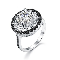 Eleganter Silberring - ausgehöhlte Blume - weiße / schwarze Kristalle