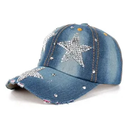 Fashionable katoen/ jeans honkbalpet met neussteen sterrenPetten & Hoeden