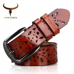 Genuine leather belt with flower motif