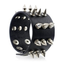Three Row Metal Spikes Rivet Leather Bracelet Unisex