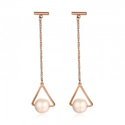 Triangles & pearls - rose gold long earrings