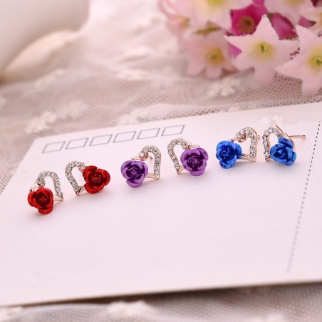 Heart & rose flower - crystal stud earrings