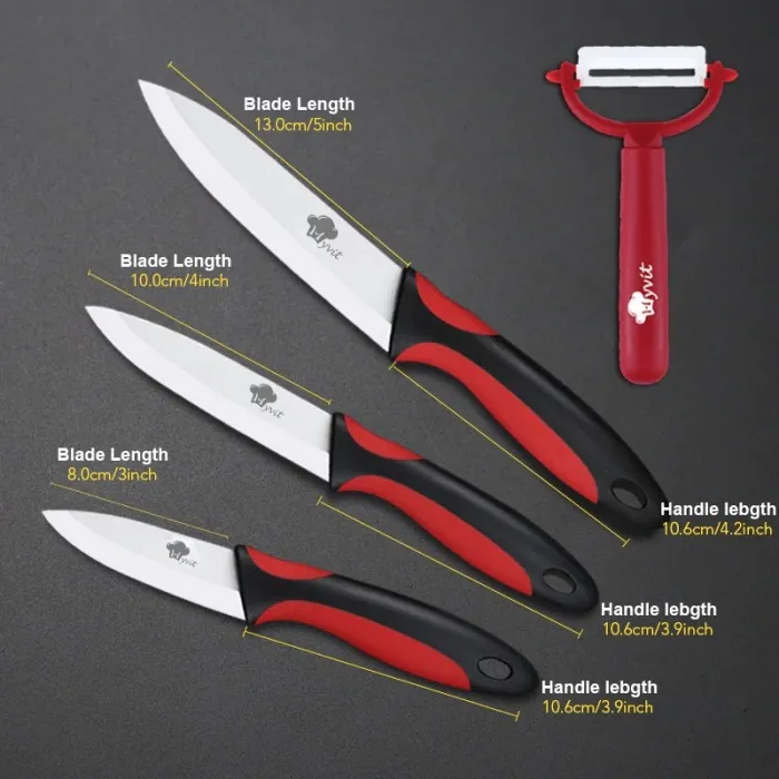 A set of ceramic knives with a peelerCeramic