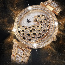 Luxury gold quartz watch with diamonds & leopard