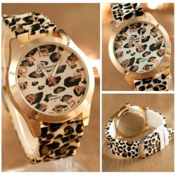 Fashionable stainless steel watch with leopard pattern - silicone bandWatches