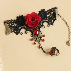 Gothic style lace bracelet with red rose & adjustable ringArmbanden