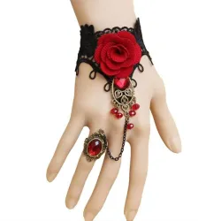 Gothic style lace bracelet with red rose & adjustable ringArmbanden