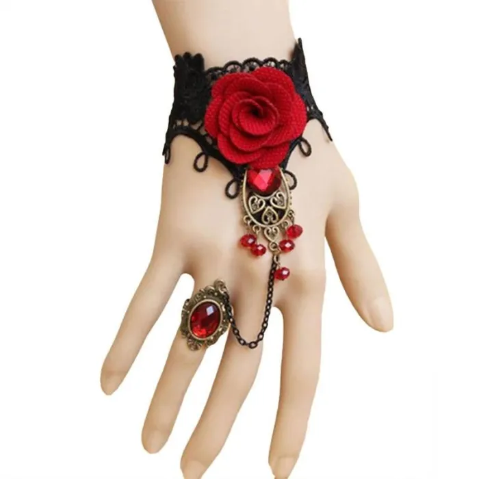 Gothic style lace bracelet with red rose & adjustable ringArmbanden