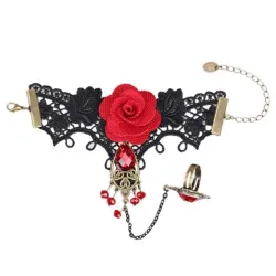 Gothic style lace bracelet with red rose & adjustable ringArmbanden