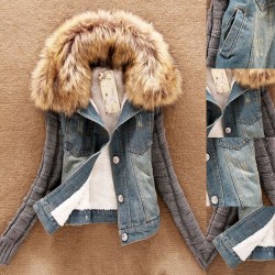Fashion good quality women jeans coat - fleece short denim jacket - slim fur collar outerwear tops